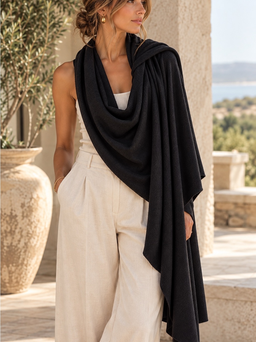 Charter Club Black Cashmere Wrap Shawl Scarf Quiet Luxury Oversized